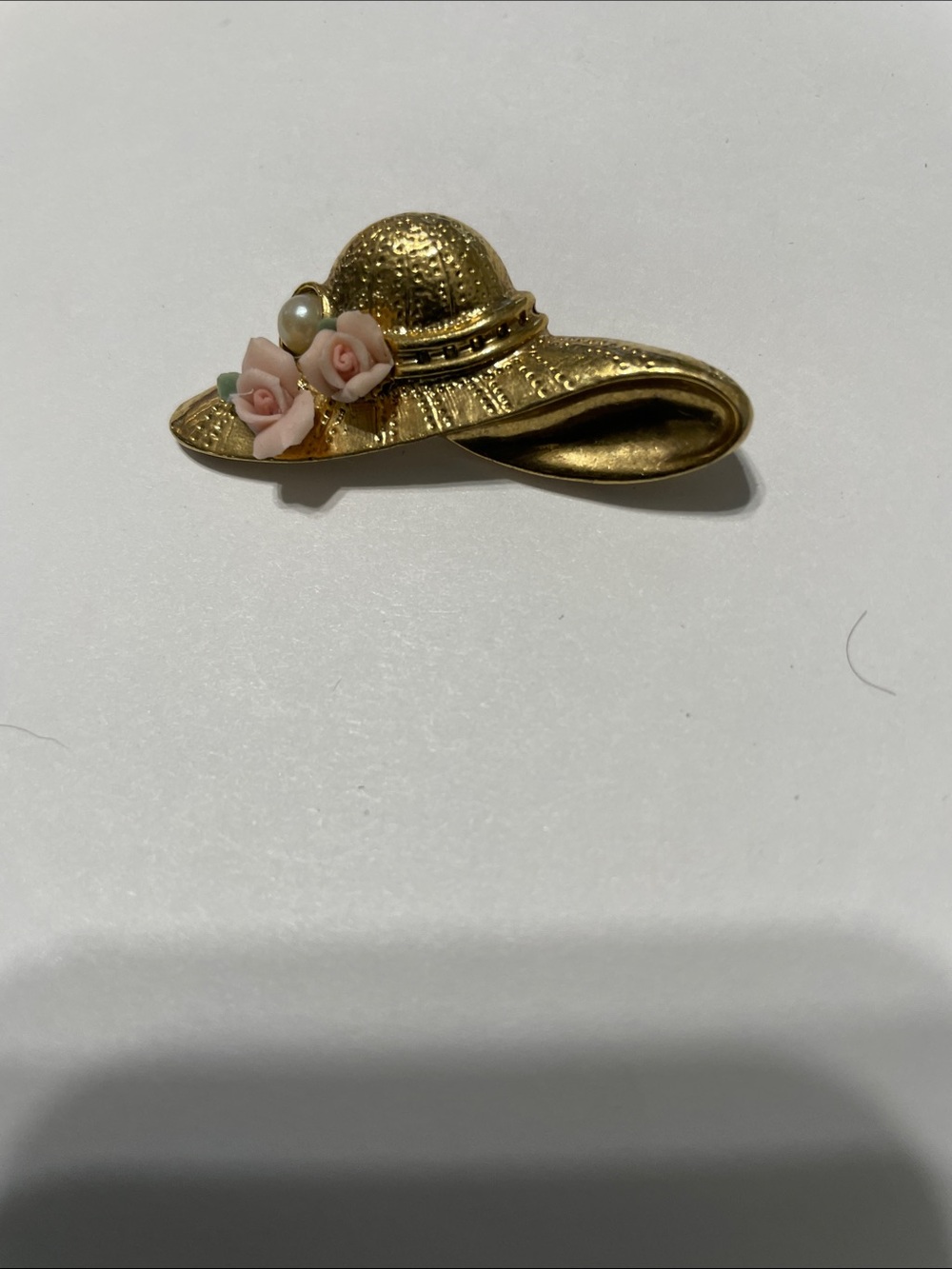 Loveanthrolove Gold Hat Brooch with Pink Rose Accents